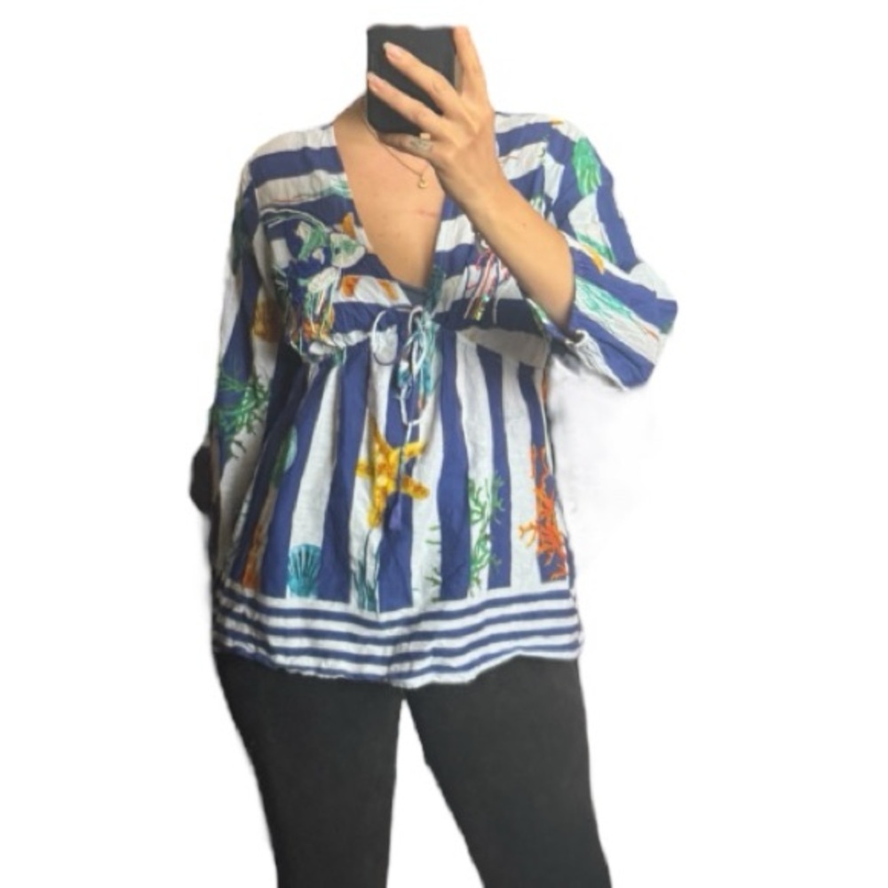 Antica Sartoria striped blue and white beaded v neck top a line nautical